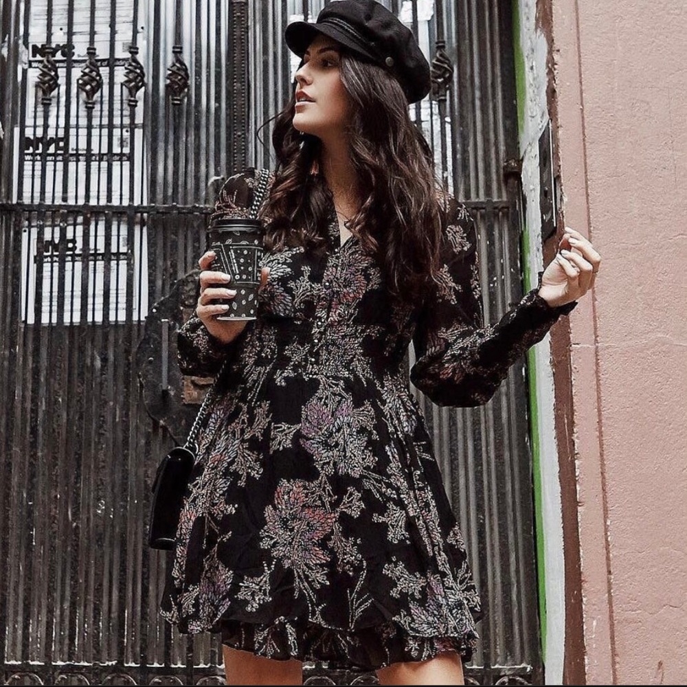 Free People • Fake Pretend Black Print Long Sleeve Mini Dress